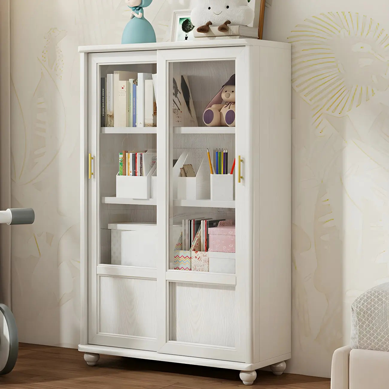 2-Drawer White Wooden Adjustable Shelves bookcases