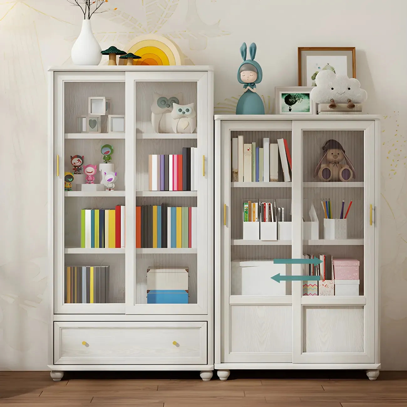 2-Drawer White Wooden Adjustable Shelves bookcases