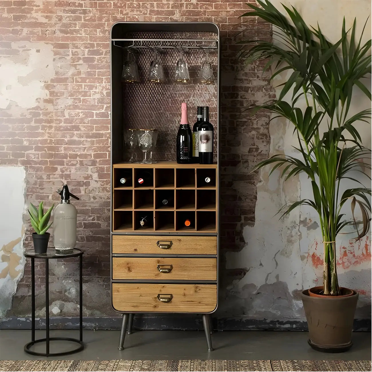 Industrial Brown Wooden Display Cabinet with Wine Storage