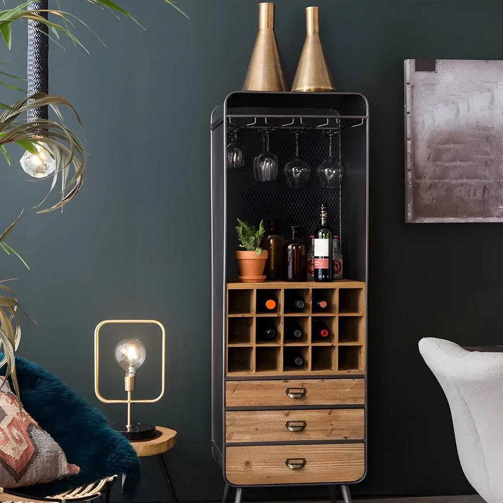 Industrial Brown Wooden Display Cabinet with Wine Storage