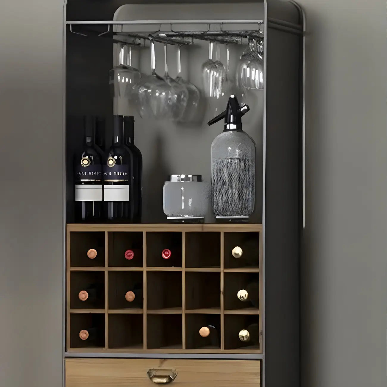 Industrial Brown Wooden Display Cabinet with Wine Storage