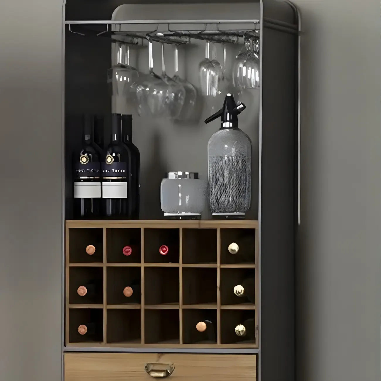 Industrial Brown Wooden Display Cabinet with Wine Storage