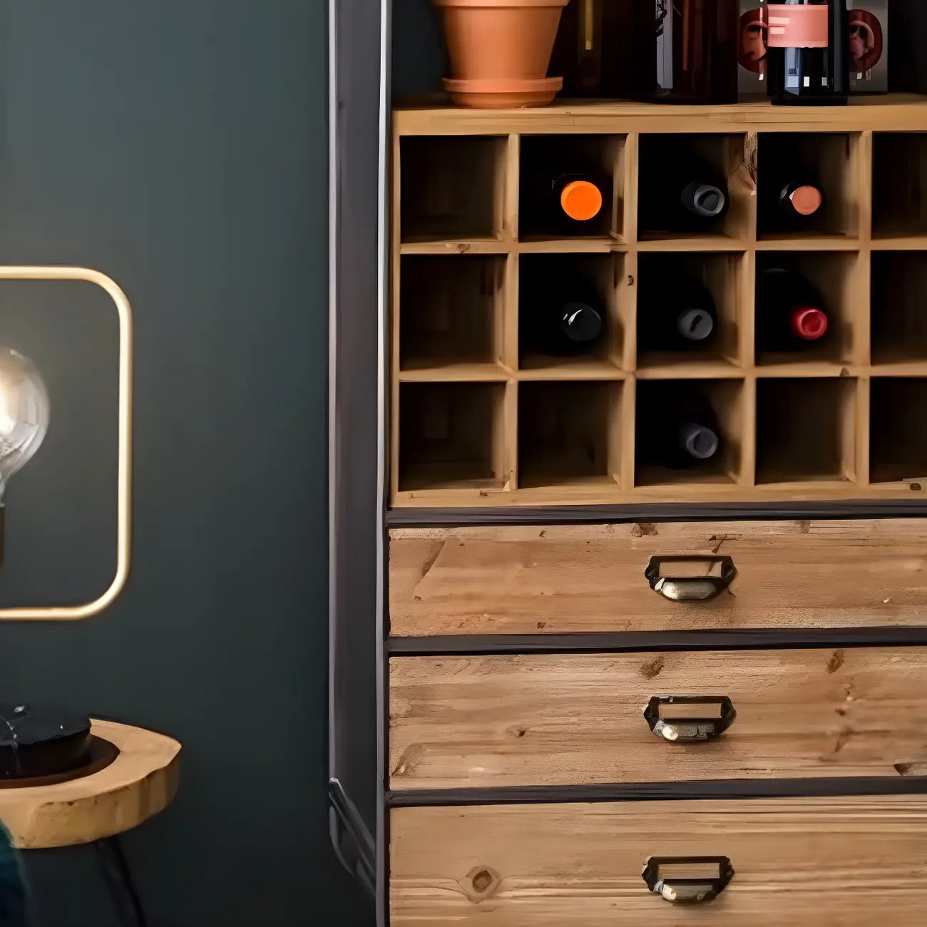 Industrial Brown Wooden Display Cabinet with Wine Storage