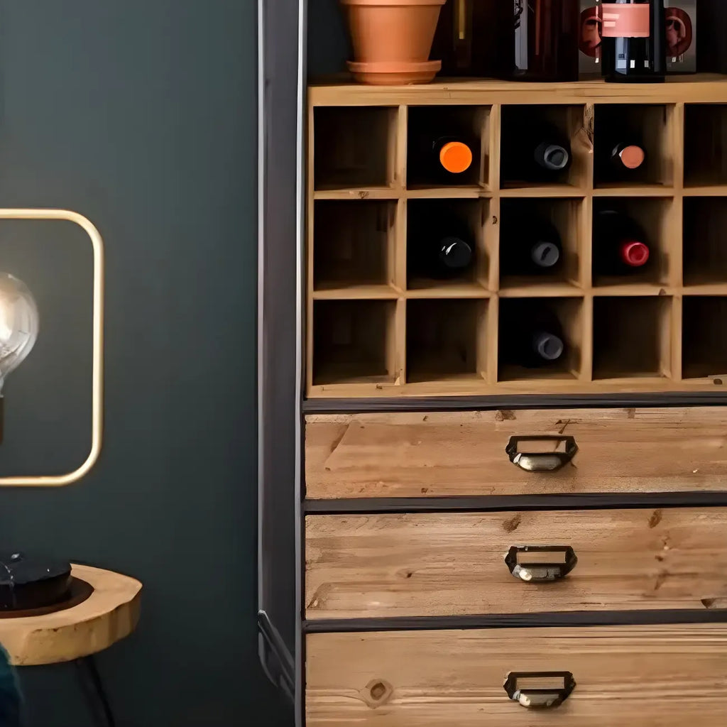 Industrial Brown Wooden Display Cabinet with Wine Storage
