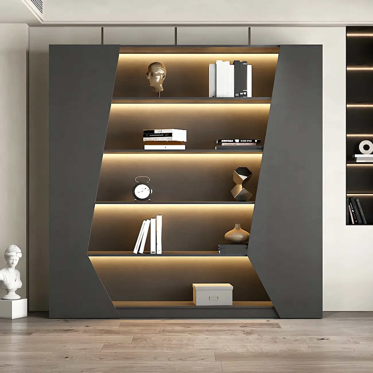 Multi-Layer Grey Wood LED Open Storage Display Cabinet