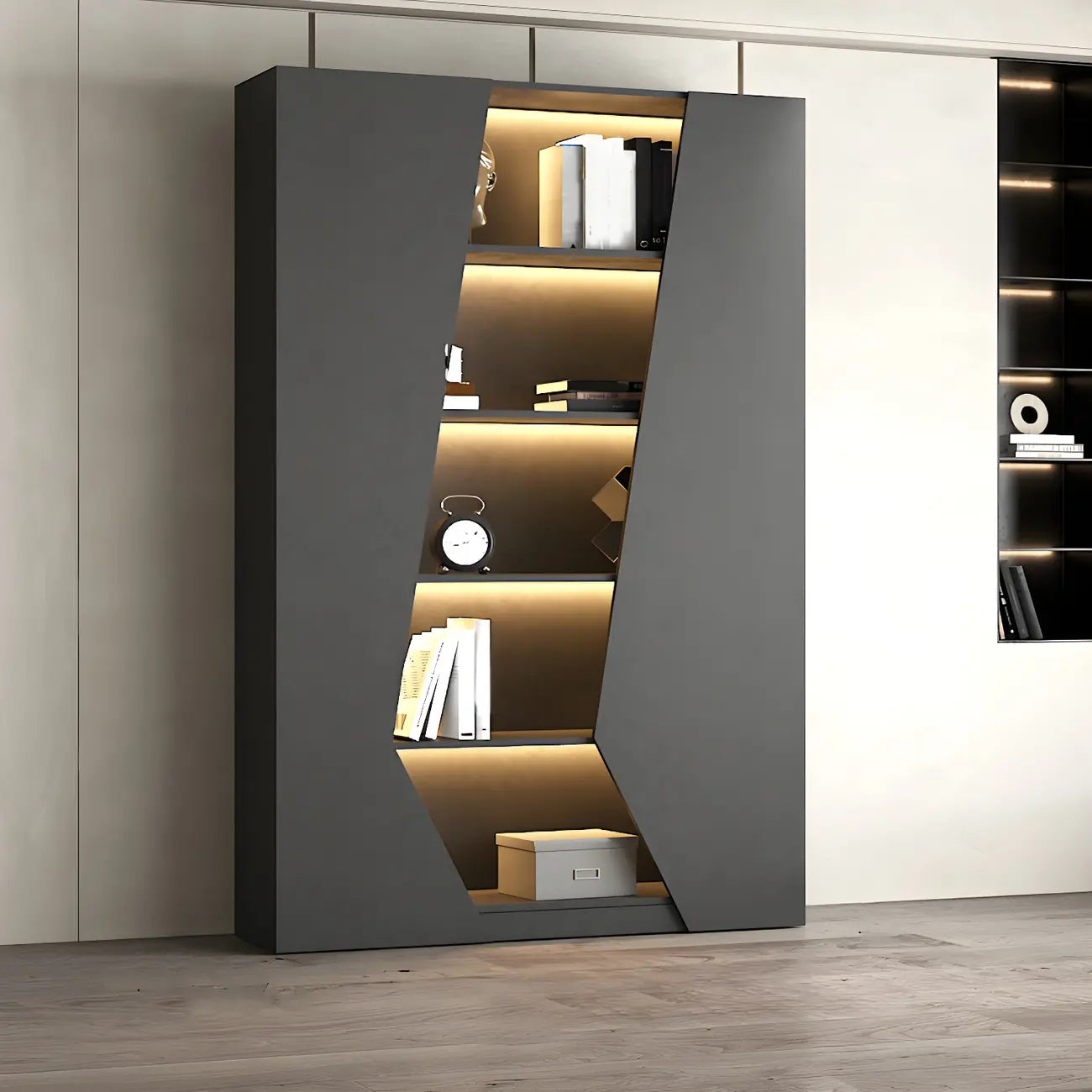 Multi-Layer Grey Wood LED Open Storage Display Cabinet