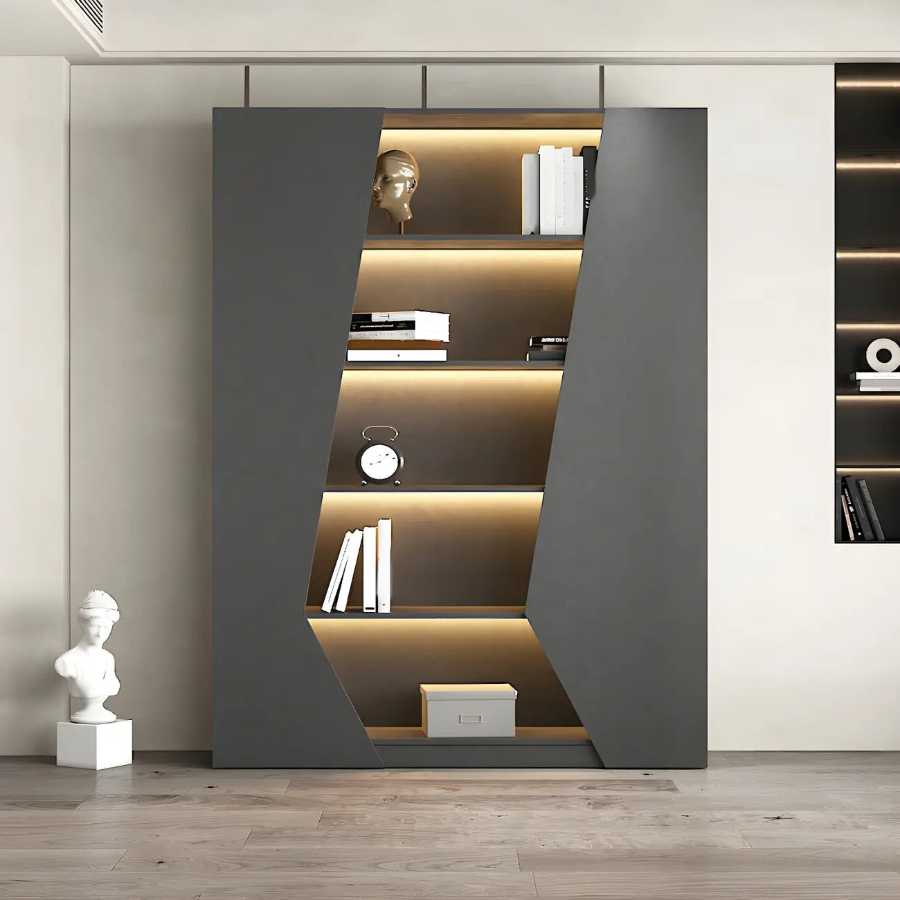 Multi-Layer Grey Wood LED Open Storage Display Cabinet