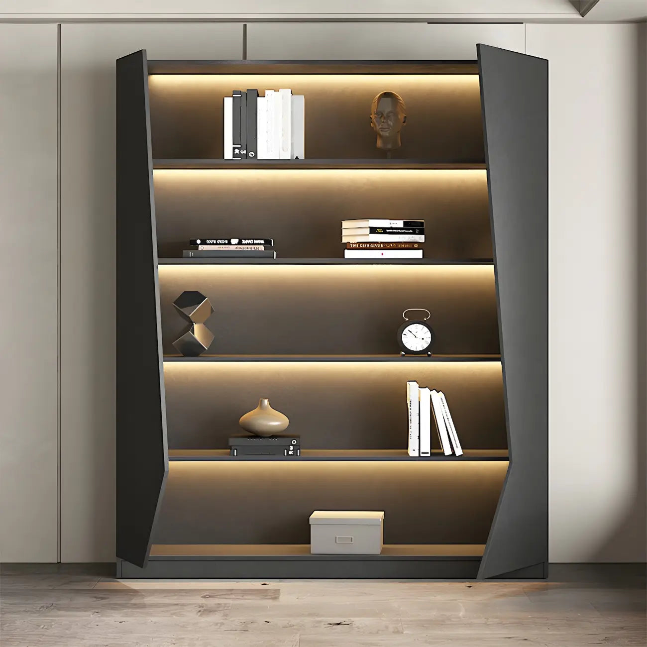 Multi-Layer Grey Wood LED Open Storage Display Cabinet