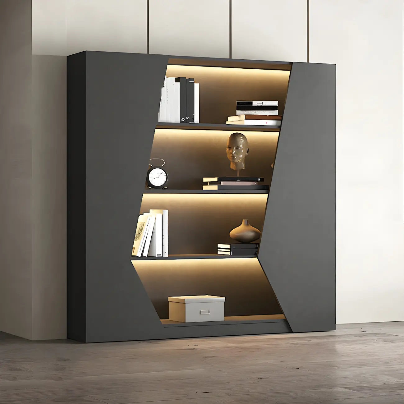 Multi-Layer Grey Wood LED Open Storage Display Cabinet