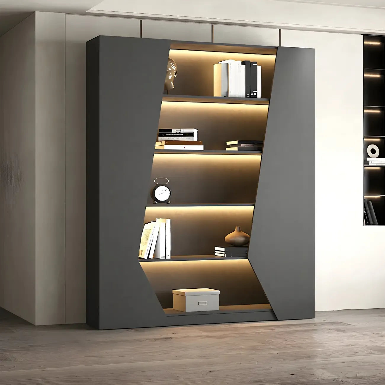 Multi-Layer Grey Wood LED Open Storage Display Cabinet