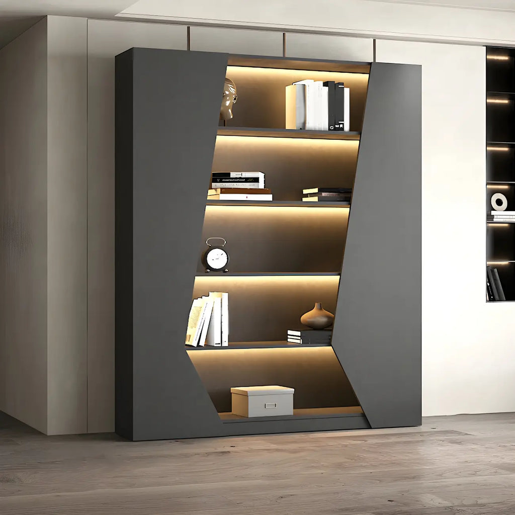 Multi-Layer Grey Wood LED Open Storage Display Cabinet