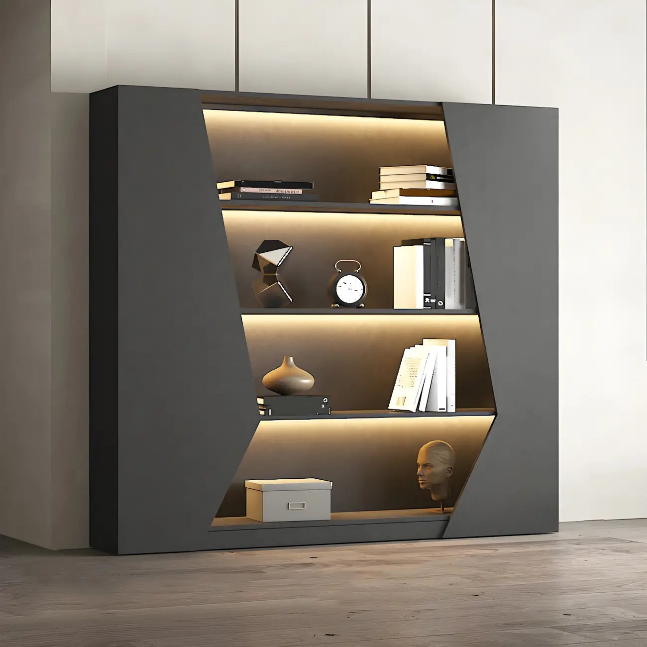 Multi-Layer Grey Wood LED Open Storage Display Cabinet