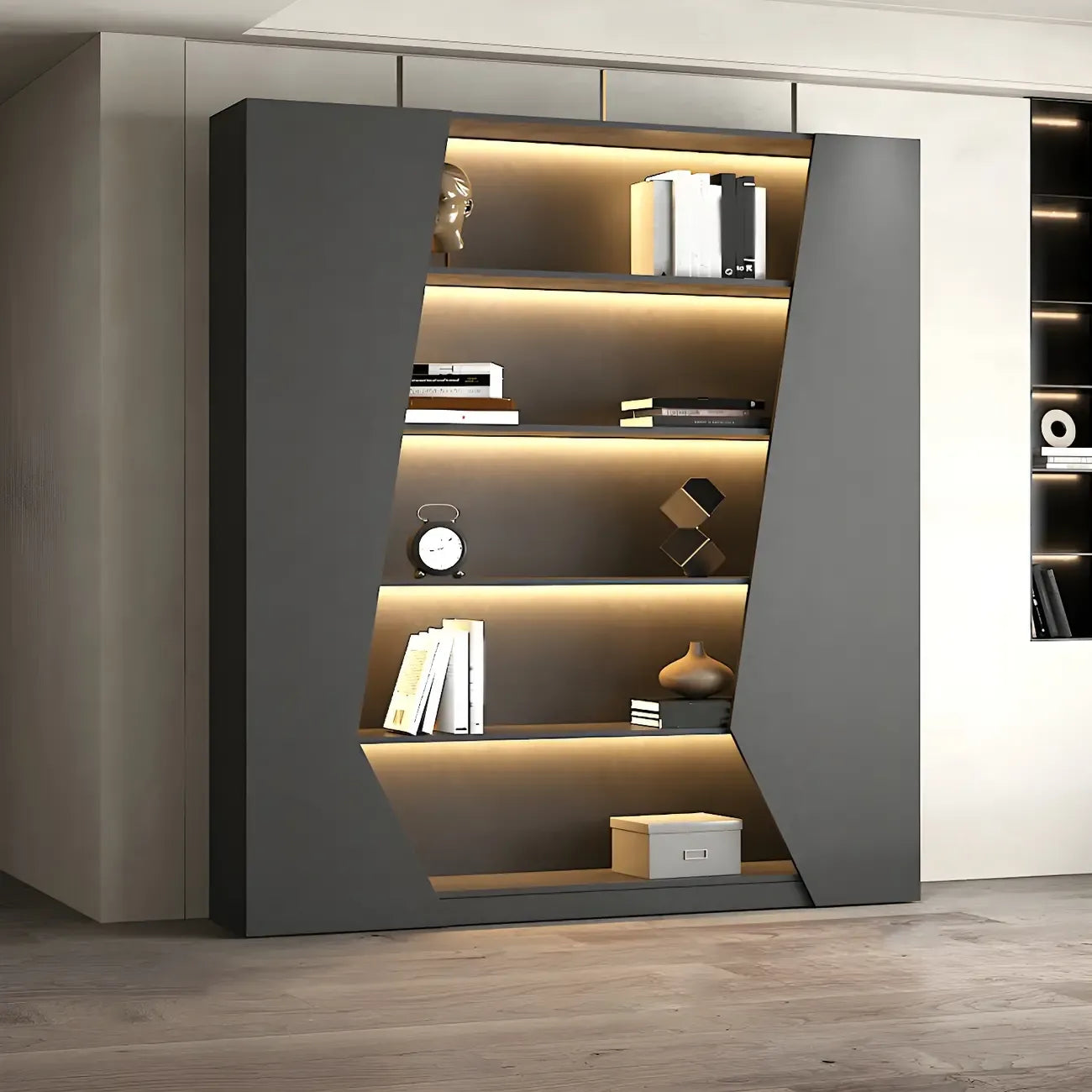 Multi-Layer Grey Wood LED Open Storage Display Cabinet