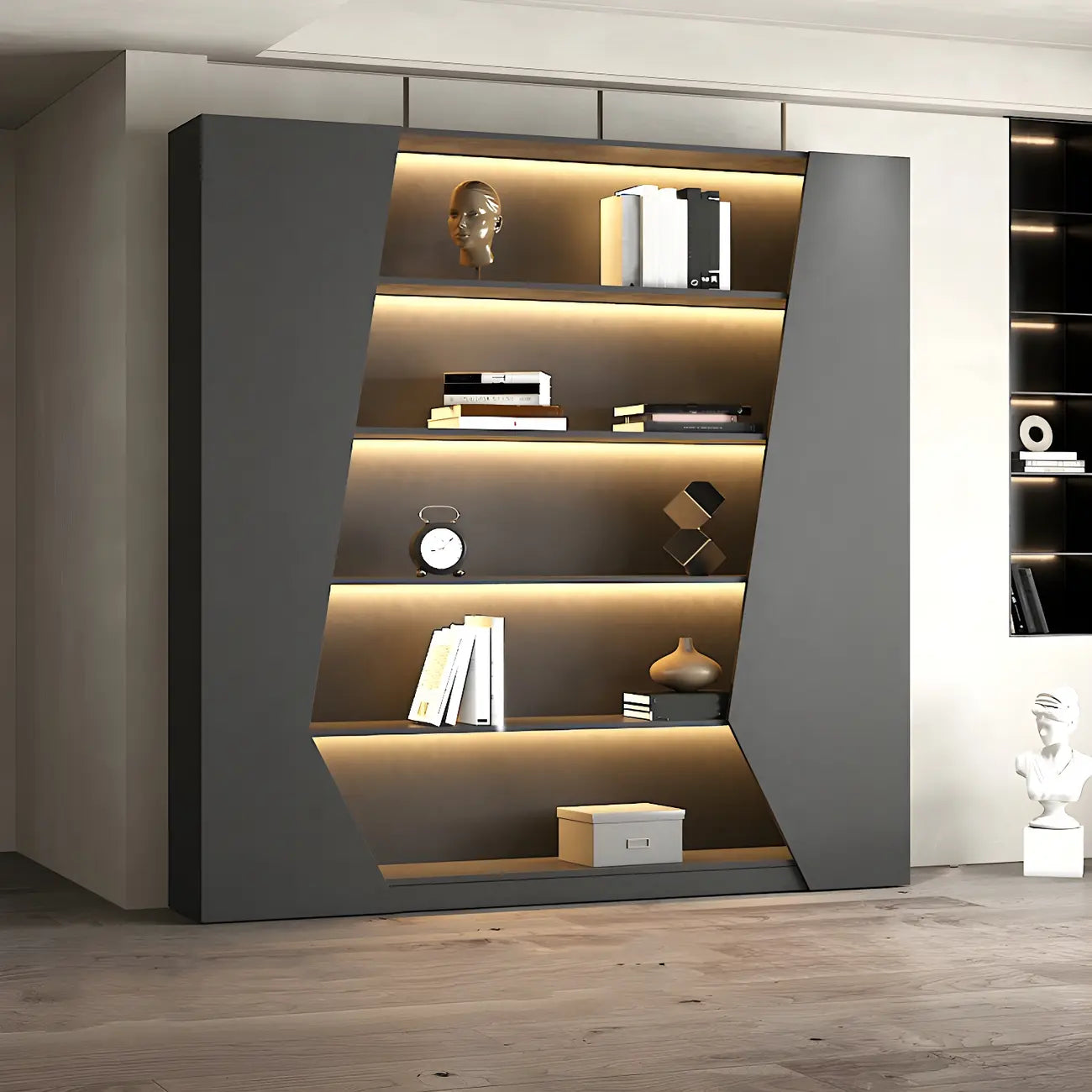 Multi-Layer Grey Wood LED Open Storage Display Cabinet