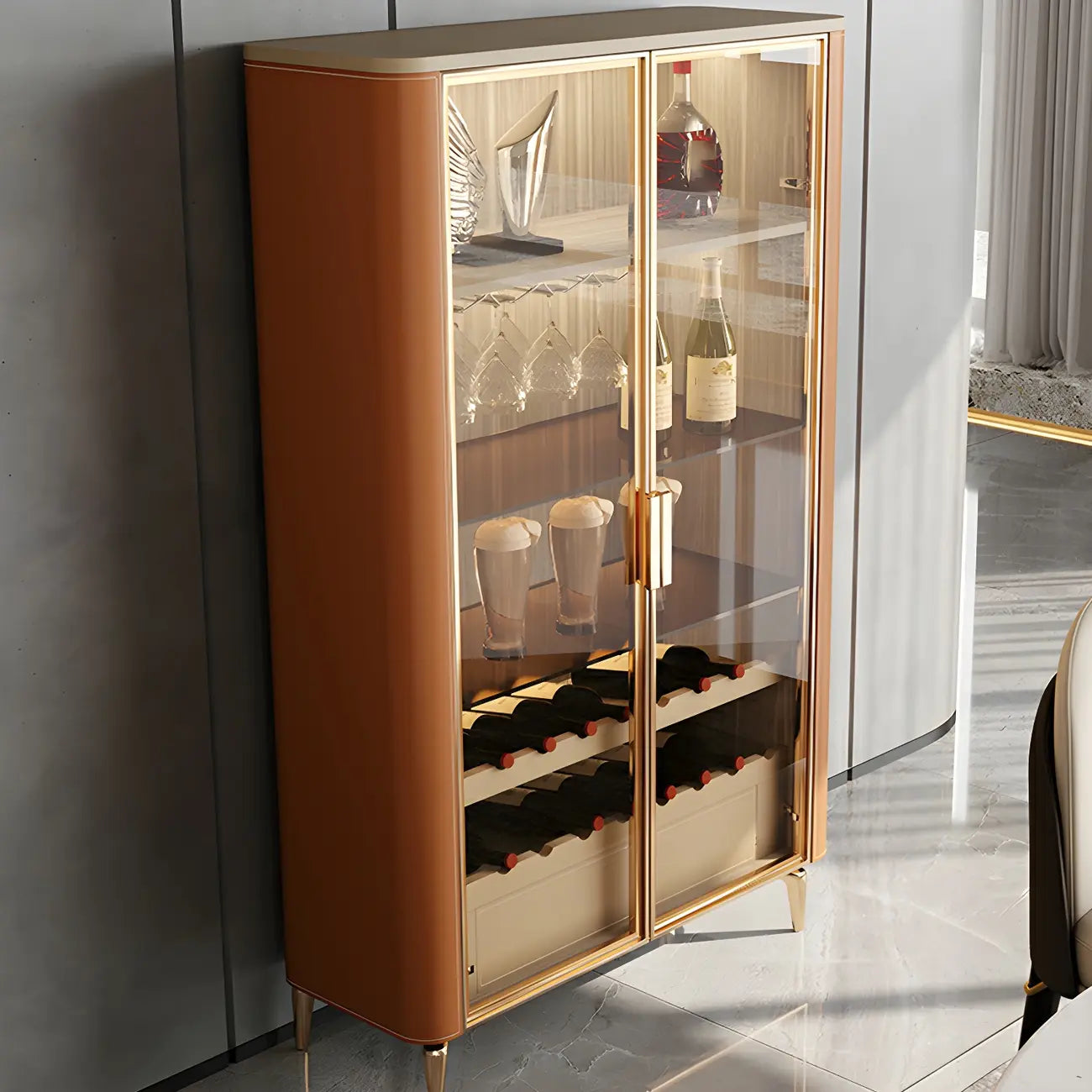 Glam Wooden Orange Glass Door Wine Display Cabinet