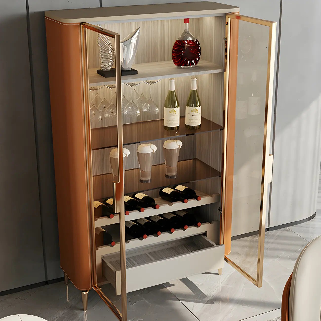 Glam Wooden Orange Glass Door Wine Display Cabinet
