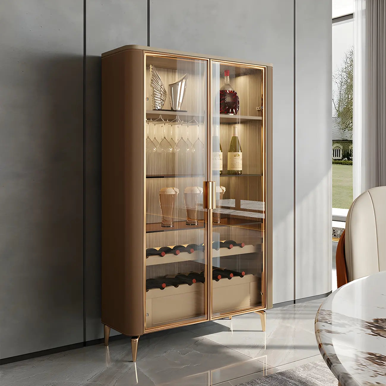 Glam Wooden Orange Glass Door Wine Display Cabinet