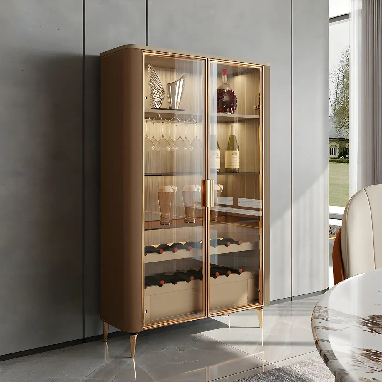 Glam Wooden Orange Glass Door Wine Display Cabinet