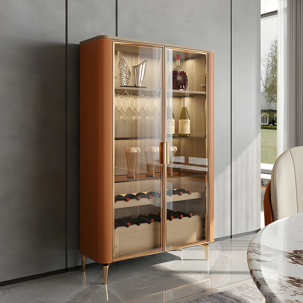 Glam Wooden Orange Glass Door Wine Display Cabinet