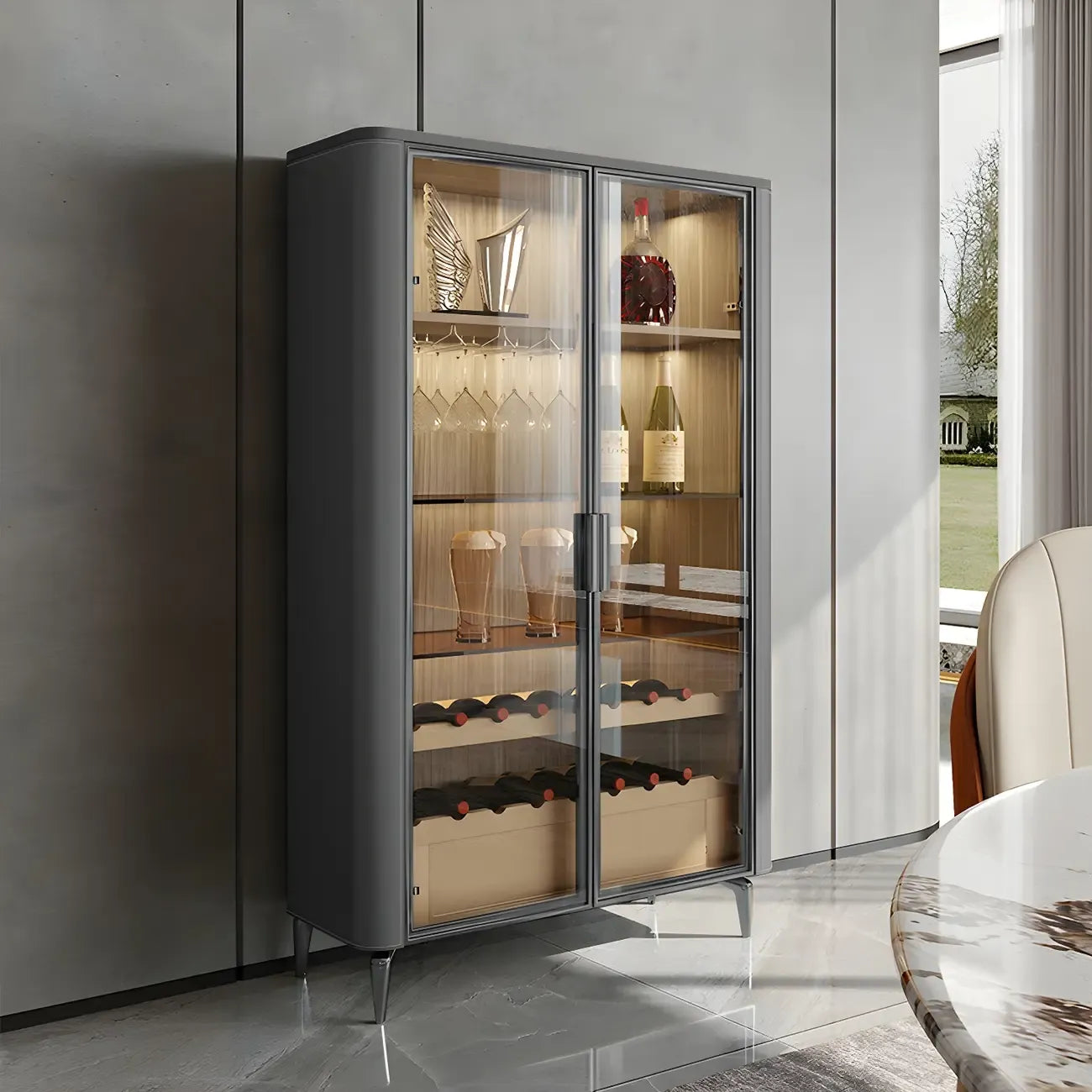 Glam Wooden Orange Glass Door Wine Display Cabinet