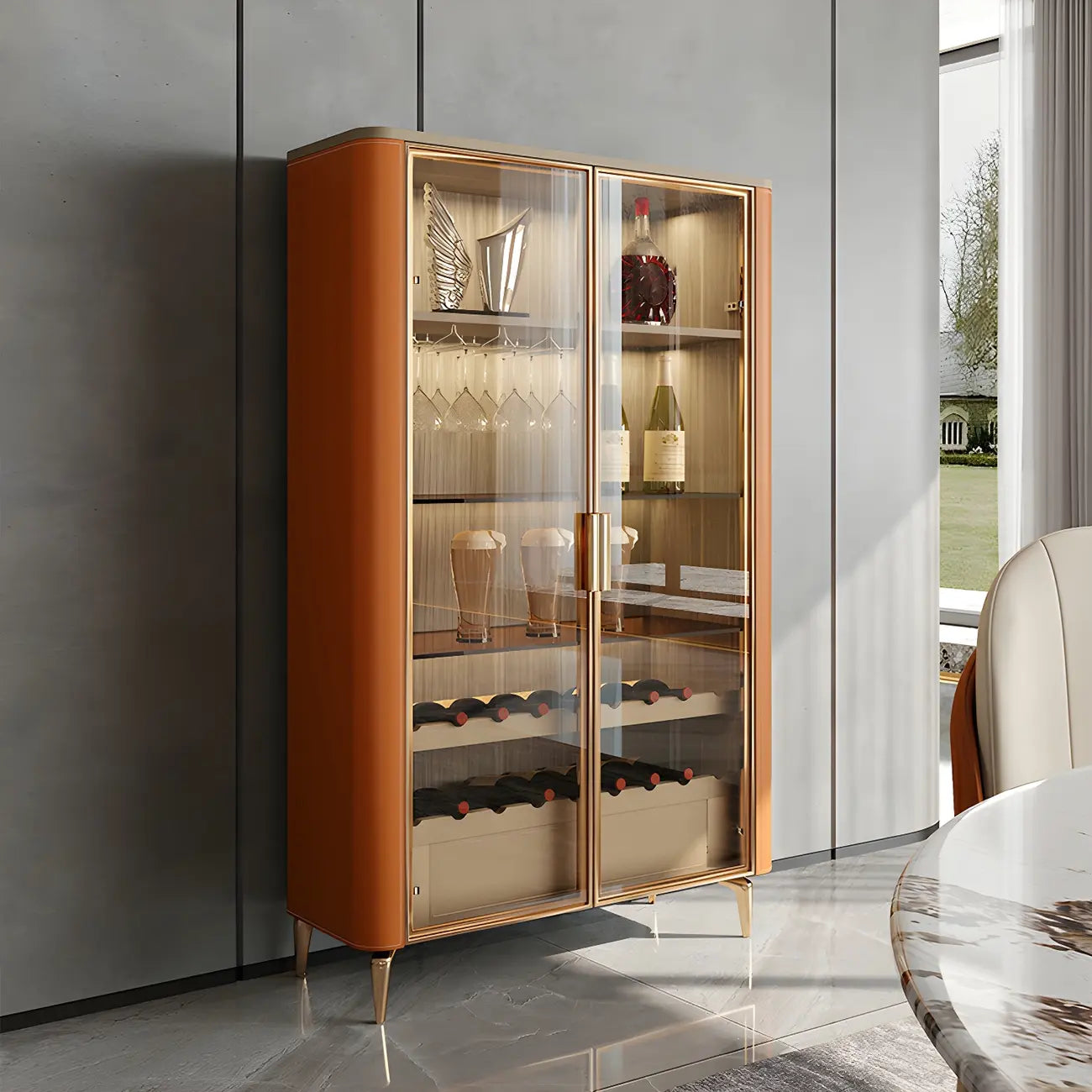Glam Wooden Orange Glass Door Wine Display Cabinet