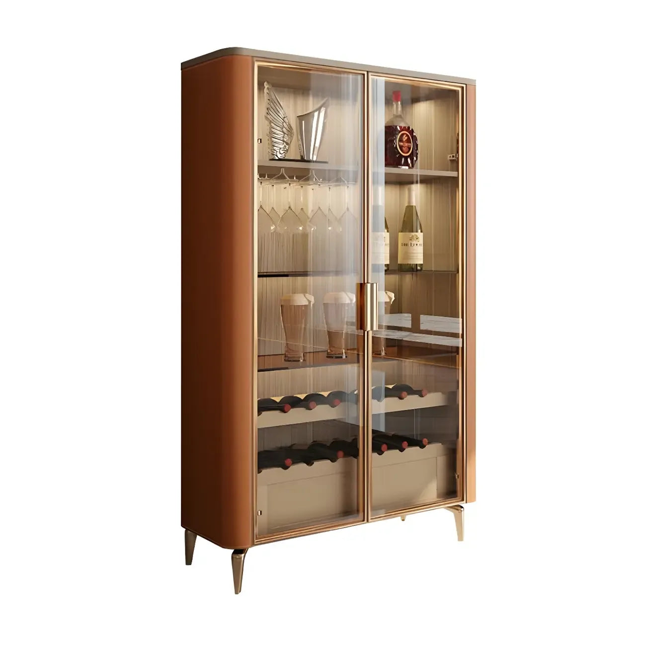 Glam Wooden Orange Glass Door Wine Display Cabinet