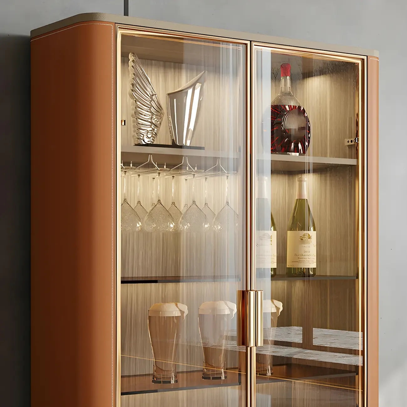 Glam Wooden Orange Glass Door Wine Display Cabinet