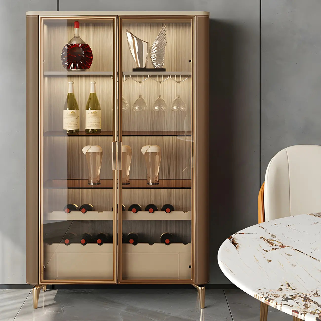 Glam Wooden Orange Glass Door Wine Display Cabinet