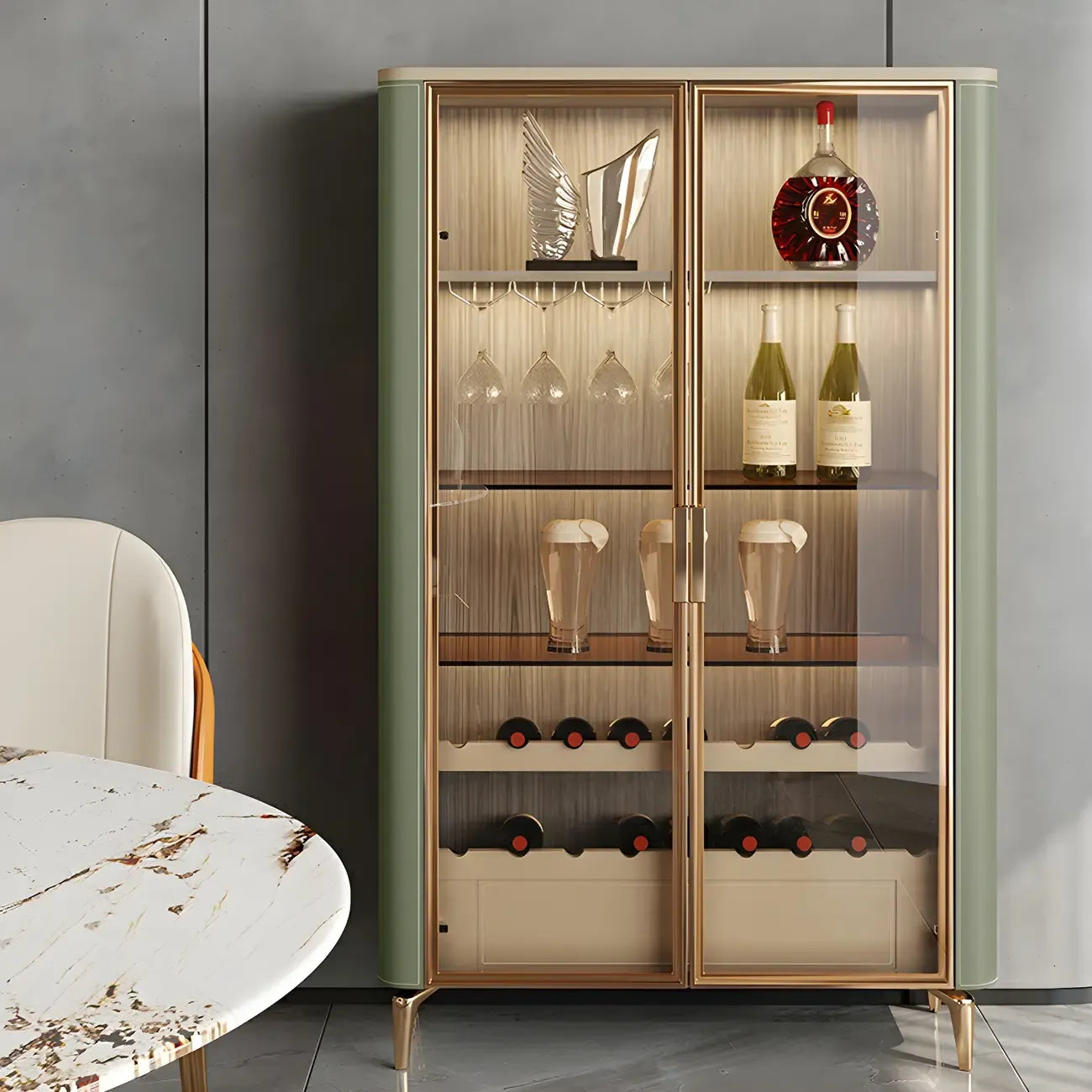Glam Wooden Orange Glass Door Wine Display Cabinet