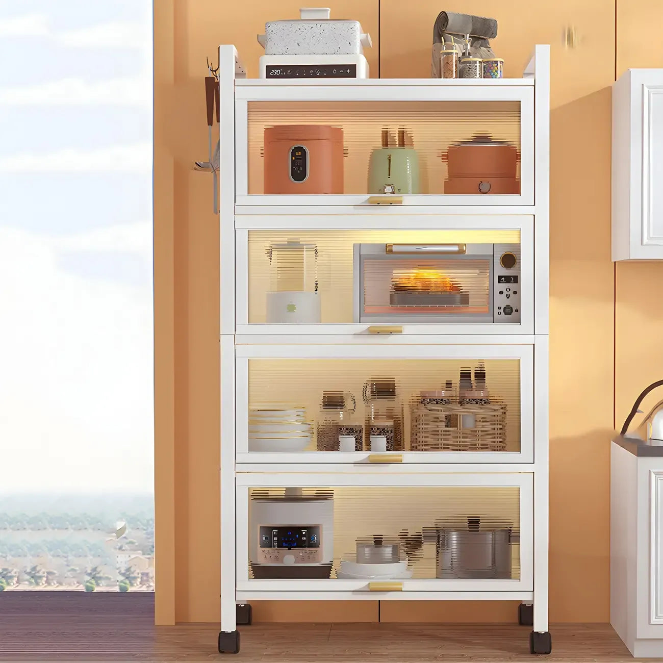 Modern White Steel Glass Door China Cabinet with Casters