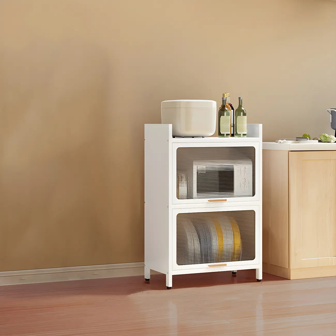 Modern White Steel Glass Door China Cabinet with Casters