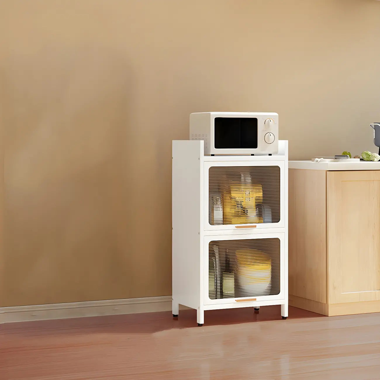 Modern White Steel Glass Door China Cabinet with Casters