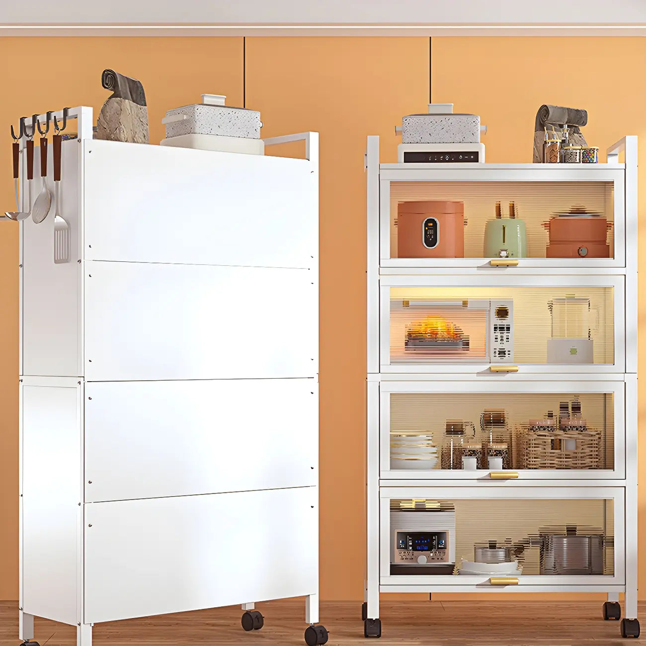 Modern White Steel Glass Door China Cabinet with Casters