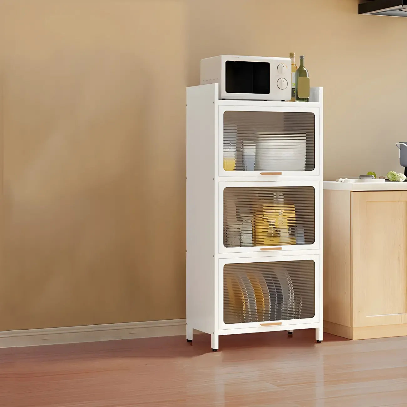 Modern White Steel Glass Door China Cabinet with Casters