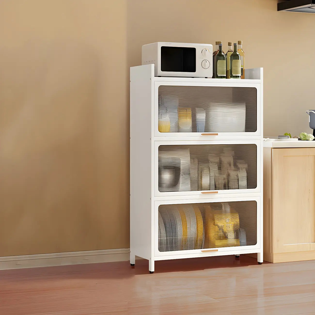 Modern White Steel Glass Door China Cabinet with Casters