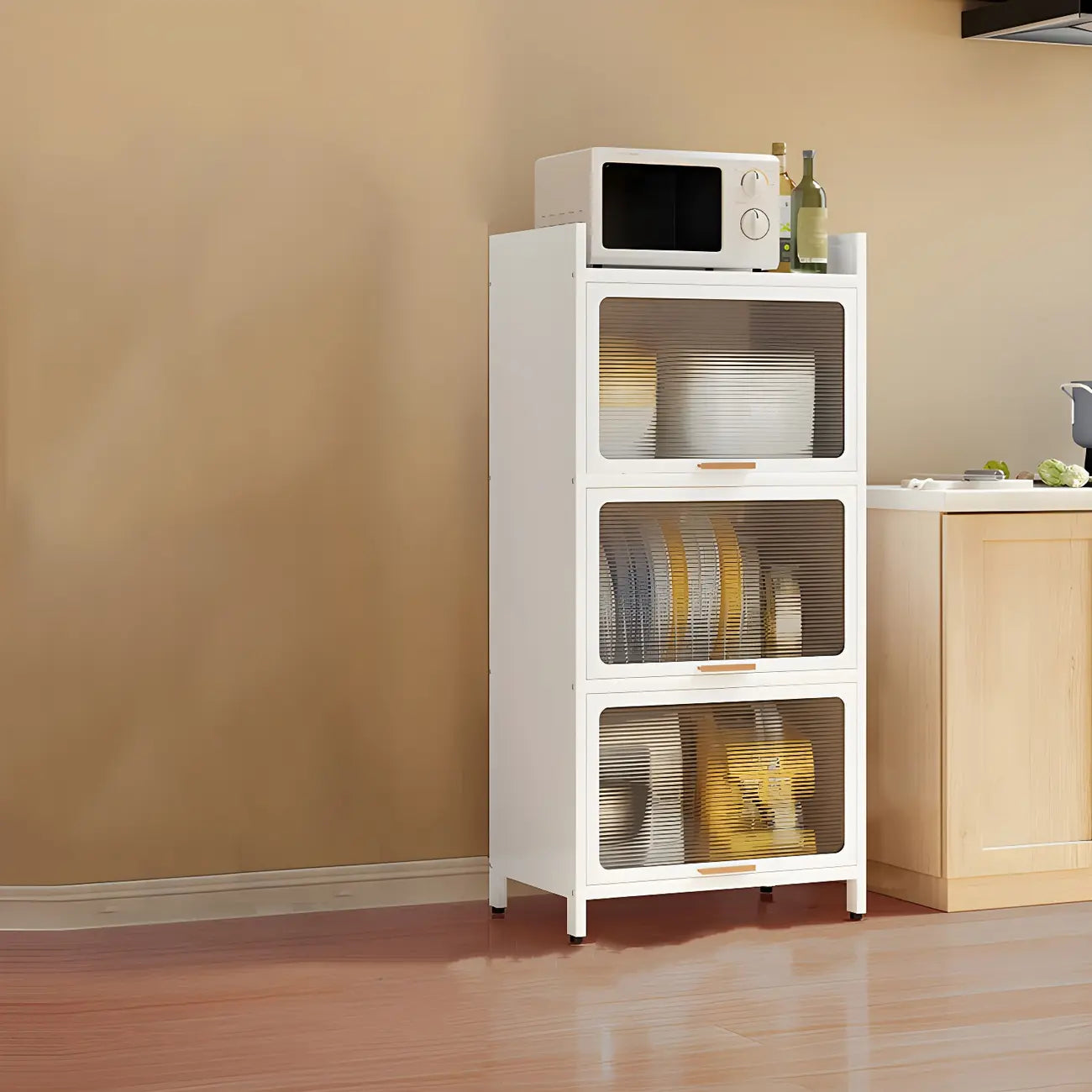 Modern White Steel Glass Door China Cabinet with Casters