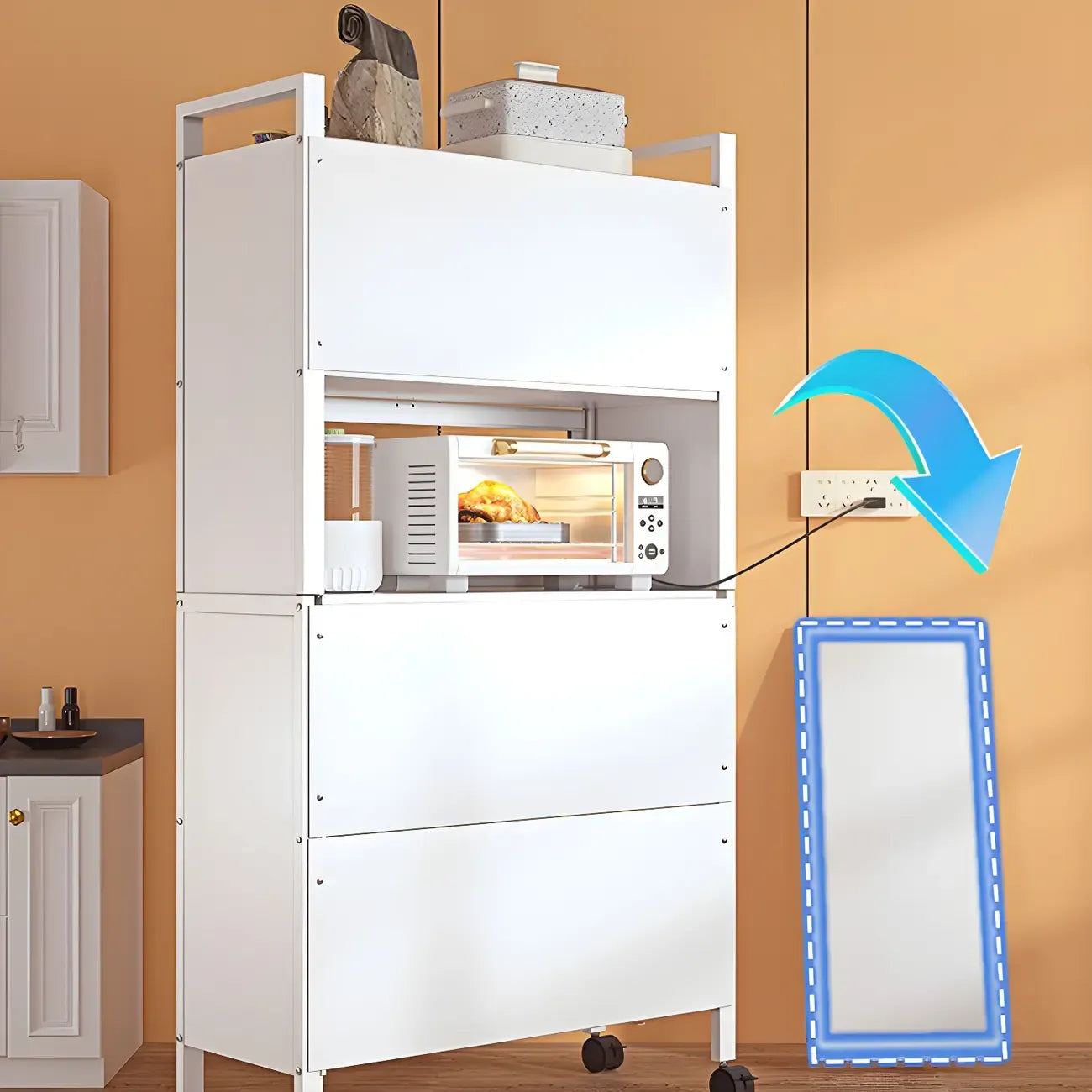 Modern White Steel Glass Door China Cabinet with Casters