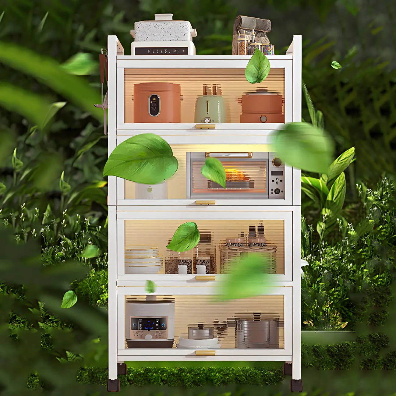 Modern White Steel Glass Door China Cabinet with Casters