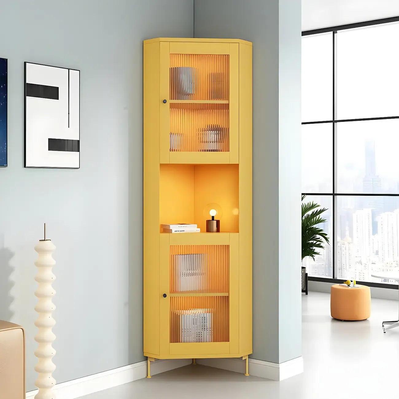 Green Wooden Adjustable Shelves Corner Display Cabinet