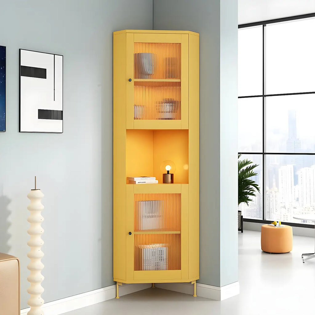 Green Wooden Adjustable Shelves Corner Display Cabinet