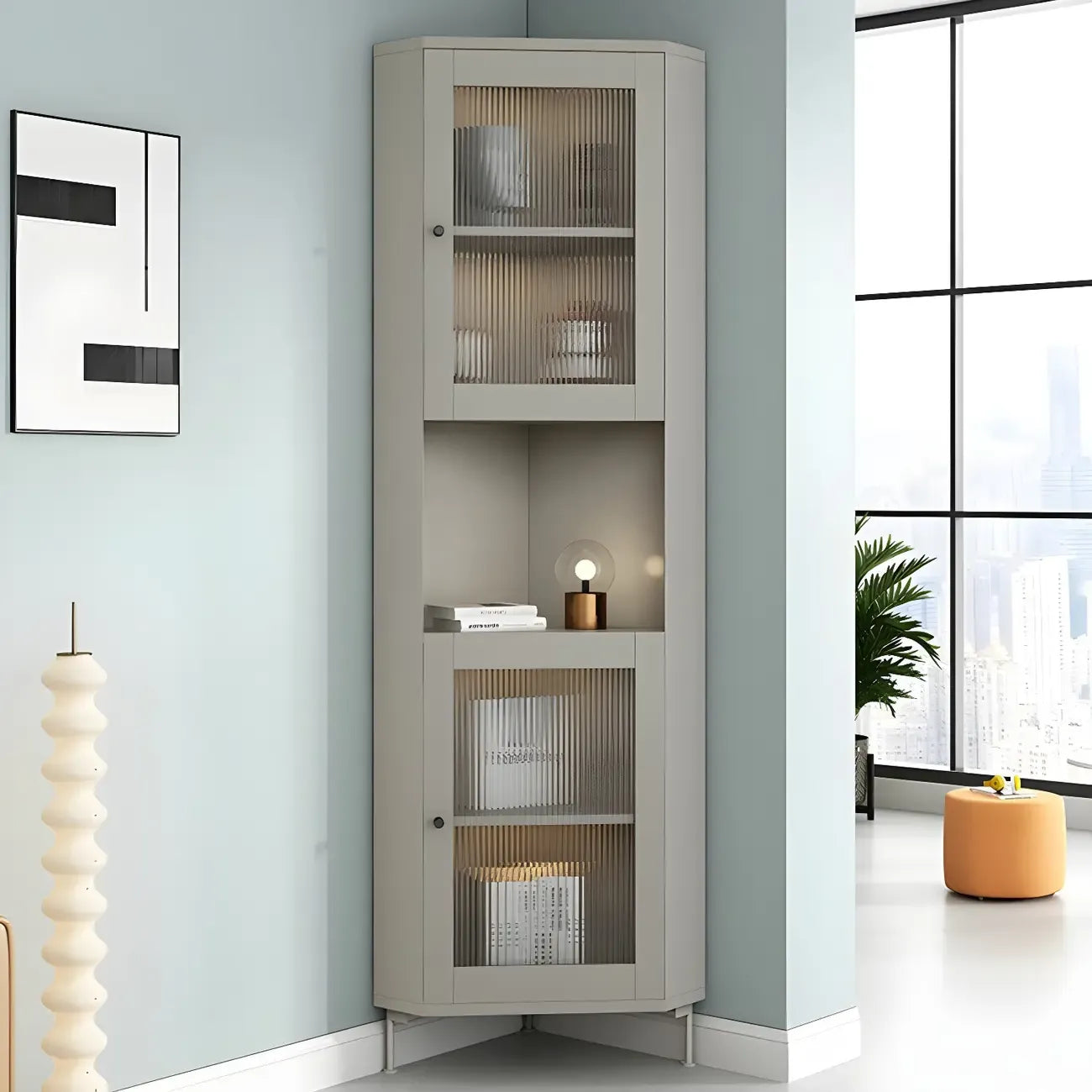 Green Wooden Adjustable Shelves Corner Display Cabinet