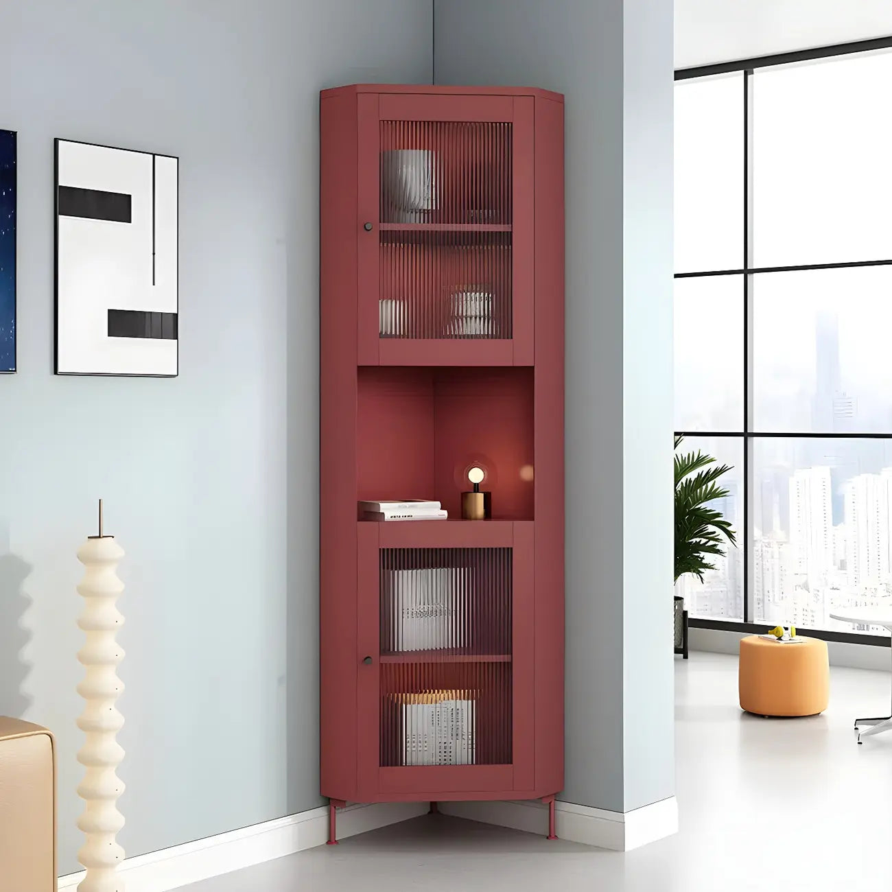 Green Wooden Adjustable Shelves Corner Display Cabinet