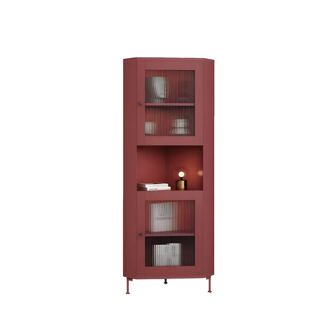 Green Wooden Adjustable Shelves Corner Display Cabinet