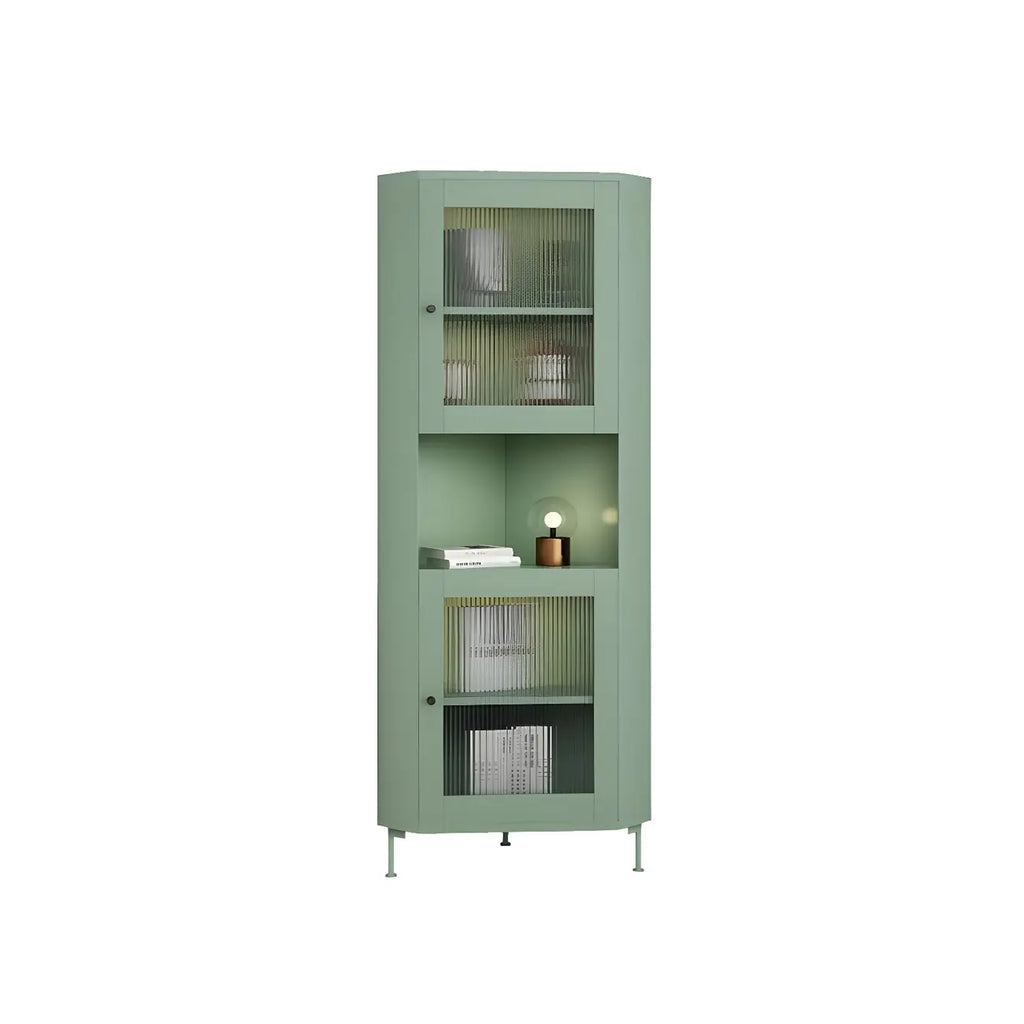 Green Wooden Adjustable Shelves Corner Display Cabinet