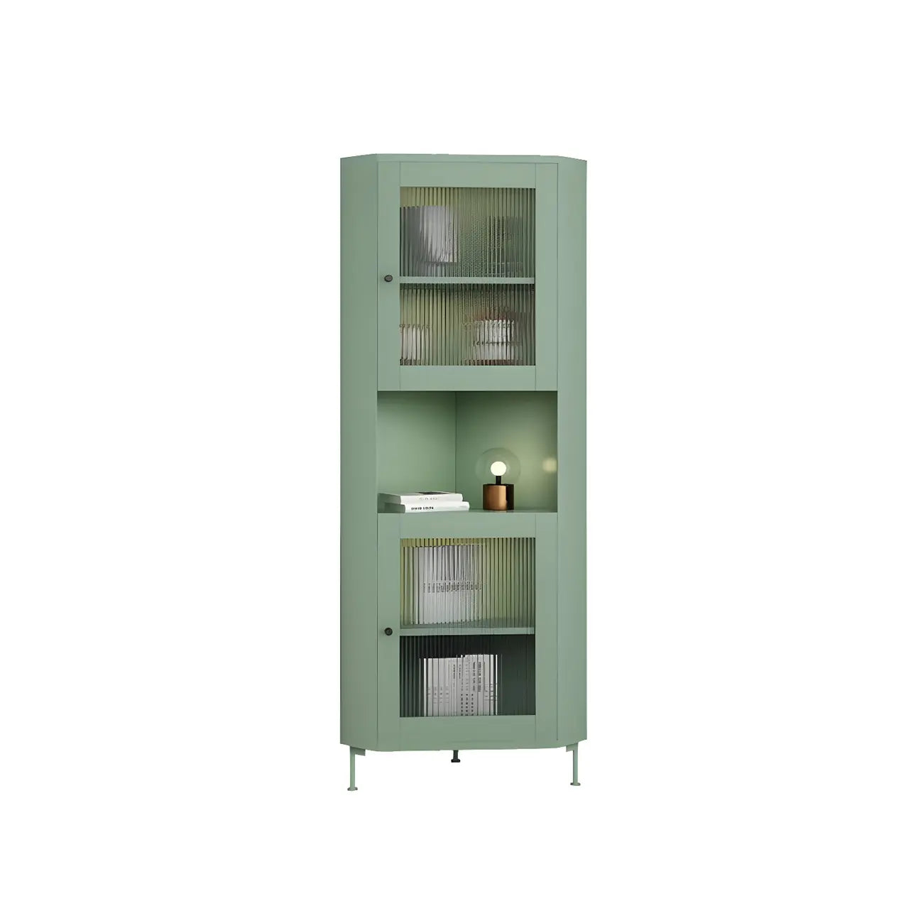 Green Wooden Adjustable Shelves Corner Display Cabinet