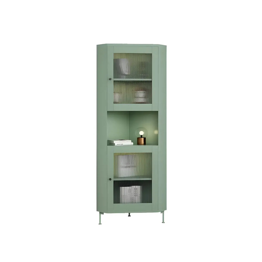 Green Wooden Adjustable Shelves Corner Display Cabinet