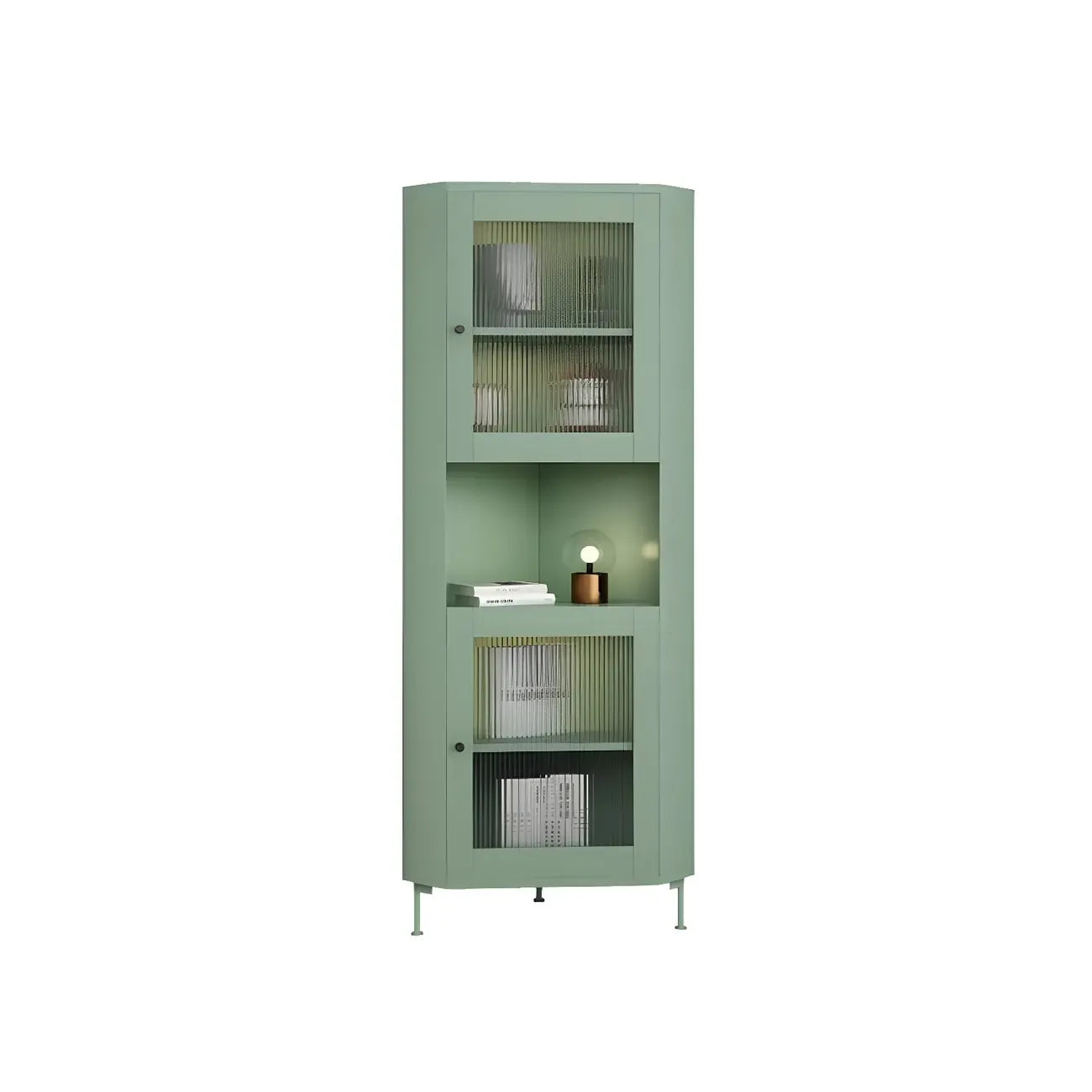 Green Wooden Adjustable Shelves Corner Display Cabinet