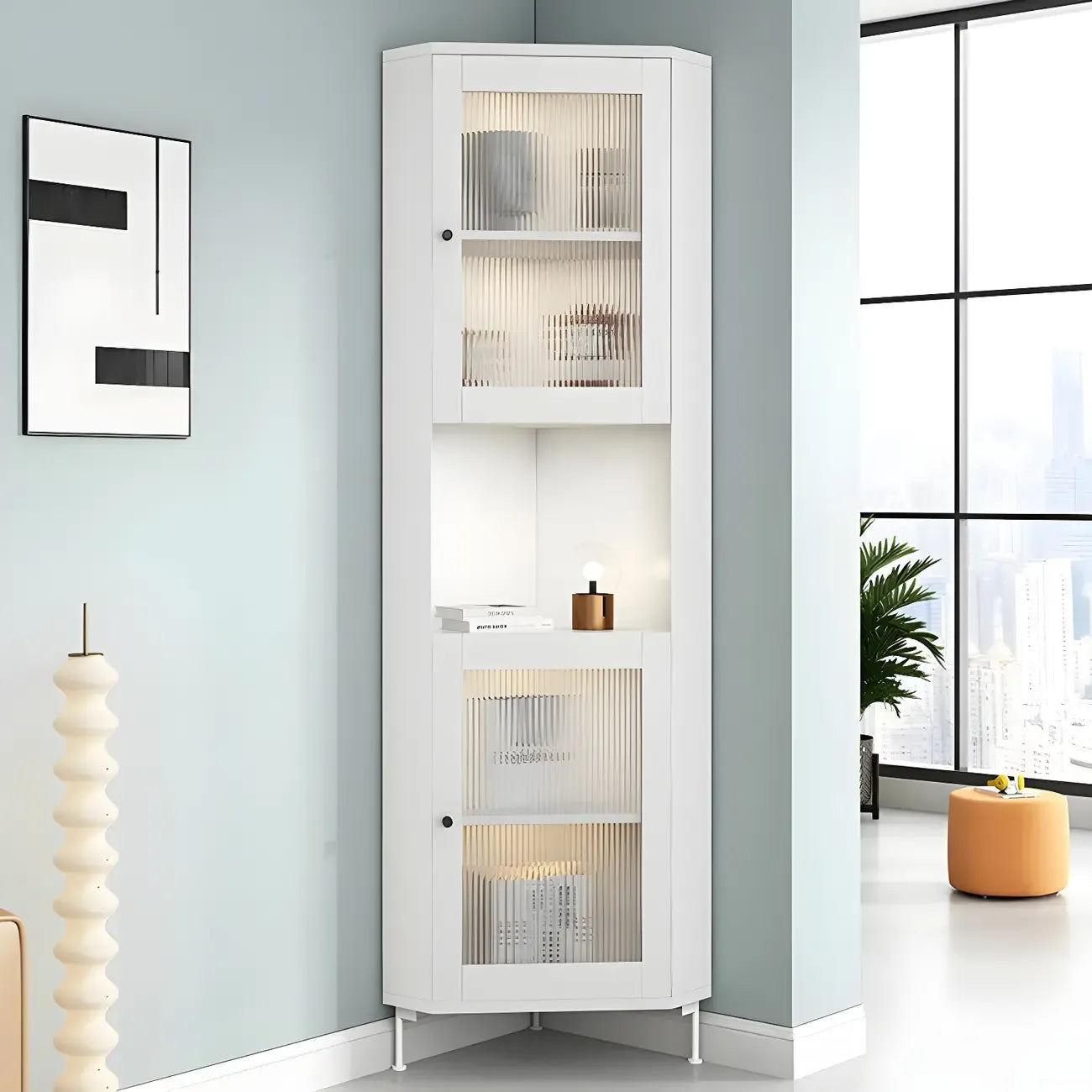 Green Wooden Adjustable Shelves Corner Display Cabinet