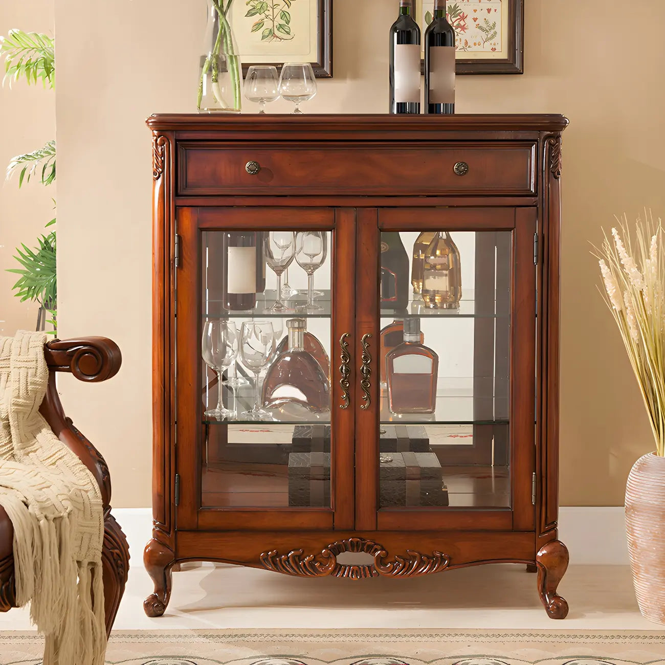 Traditional Wood Brown Glass Shelf Display Cabinet