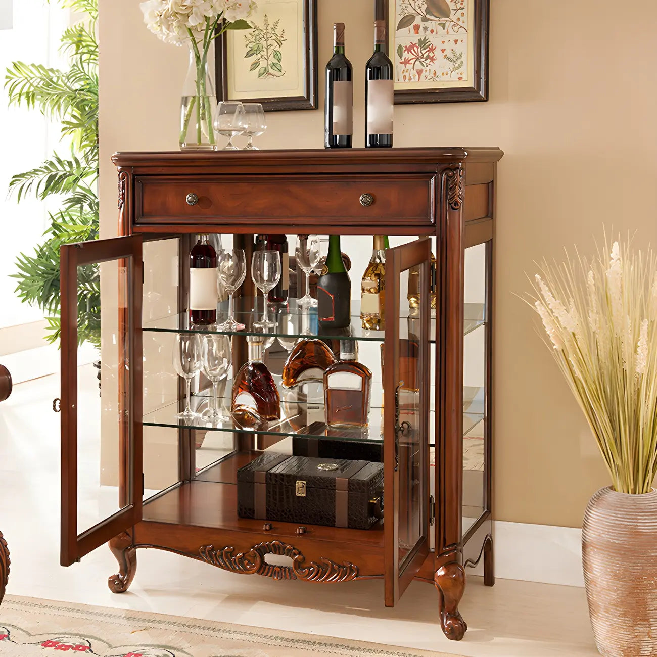 Traditional Wood Brown Glass Shelf Display Cabinet